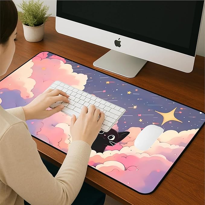 Anime Desk Mat,Pink Purple Clouds Mouse Mat Desk Pad, Cute Black Cat Game Mousepad, Full Deskmat, Extended Computer Desk Keyboard Mat, for Women Office Desktop Decor Aesthetics 31.5"X15.7"