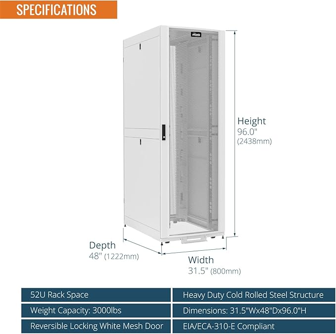 Tecmojo 52U Server Rack Cabinet - PRE-Assembled 32inch Width 48inch Depth IT Network Equipment Cabinet Rack Enclosure with Casters - 3000lbs Weight Capacity, White