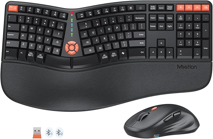 MEETION Ergonomic Keyboard and Mouse, 2.4G Wireless/Bluetooth Split Keyboard with Cushioned Palm Rest, 4 DPI Adjustable Mouse, Full Size Multi-Device Keyboard for Windows/Mac/PC/Laptop, Black