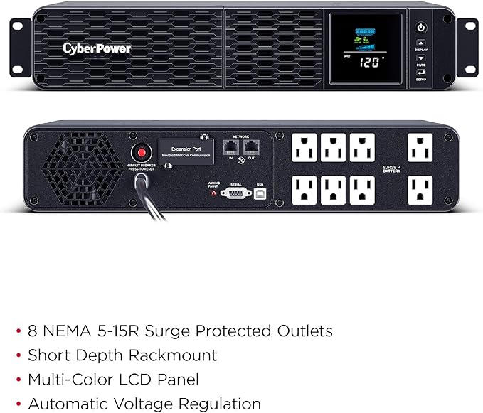 CyberPower CP1500PFCRM2U PFC Sinewave UPS Battery Backup and Surge Protector, 1500VA/1000W, 8 Outlets, AVR, Short Depth 2U Rackmount, UL Certified