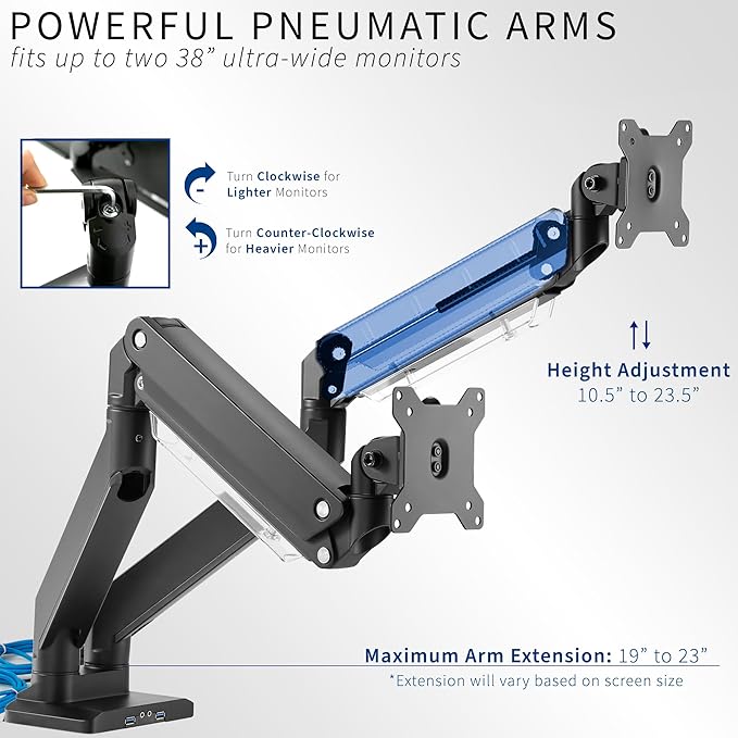 VIVO Premium Aluminum Heavy Duty Arms, Fits 2 Ultrawide Monitors up to 38 inches, Widescreen Dual Monitor Desk Mount with Instant Pneumatic Spring Height Adjustment VESA Stand, USB 3.0, STAND-V102G2U