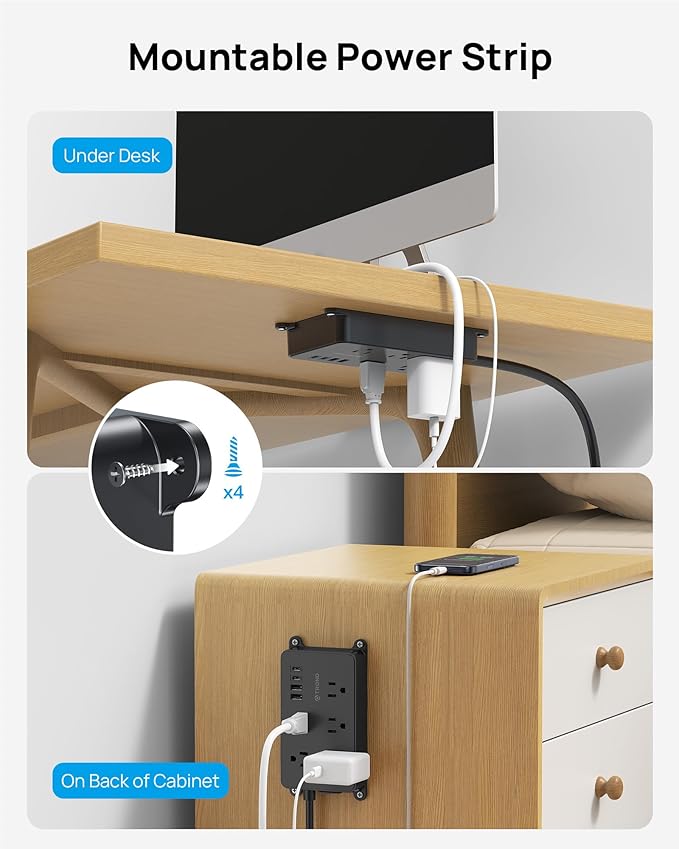 TROND Surge Protector Power Strip, 15ft Long Extension Cord, ETL Listed, 5 Widely Spaced AC Outlets, 2 USB A and 2 USB C, 1300J, Low-Profile Flat Plug, Wall Mountable, for Kitchen Office, Black