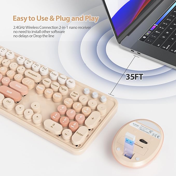 Cute Keyboard and Mouse Combo Wireless, 2.4G Full Size 104-Key Retro Typewriter Keyboards Round Keys for Students Teenagers Home Office PC Laptop(Diary Milk Tea)