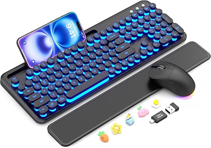 Wireless Keyboard and Mouse Combo - Backlit Typewriter Keyboard with Magnetic Wrist Rest & Phone Holder, Light Up Round Keycaps, 2.4GHz Cordless Set for Mac, Windows, PC, Laptop, SABLUTE
