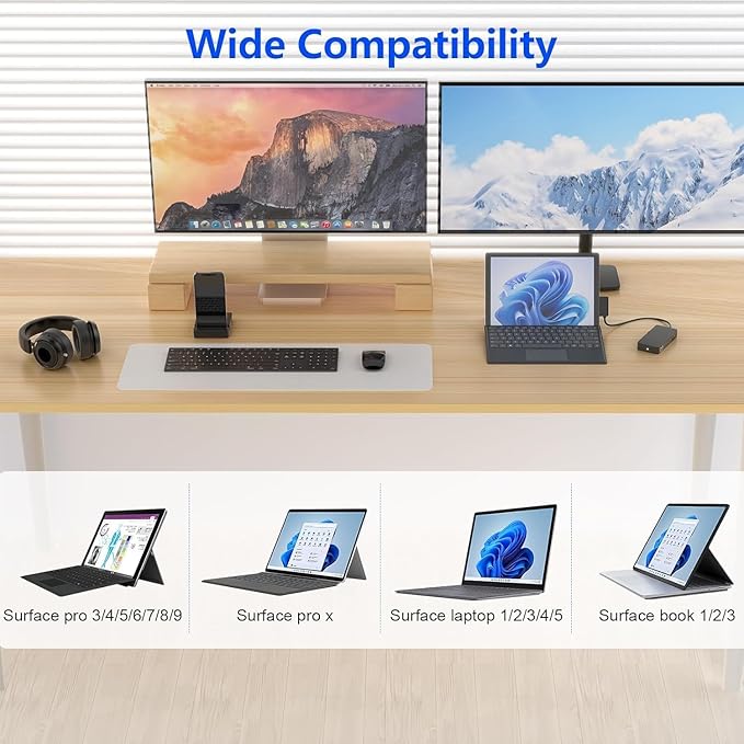 for New MS Surface Dock Triple Display with Power Supply,12 in 1 Surface Pro Docking Station Dual 4K HDMI+VGA for Surface Pro 9/8/X/7/6/5/4/3,Surface Laptop go/5/4/3/2/1,Surface Book 3/2/1
