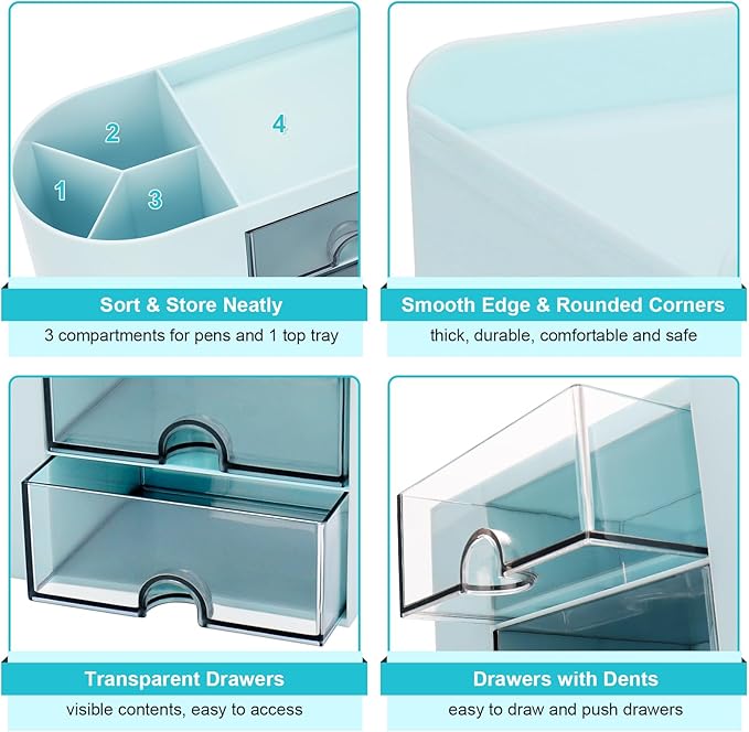 Desk Organizer with Drawer, Pen Organizer for Desk, Small Pencil Holder, Desk Organizers and Accessories for Office Home Storage (2 Drawers+4 Compartments, Blue)