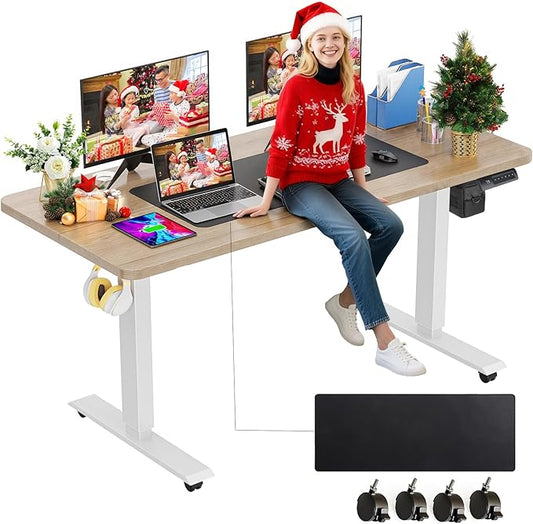 farexon Electric Standing Desk Adjustable Height, 55 x 24 Inch Stand up Desk with Large Mouse Pad, Rolling Wheels & Foot Pad,27''-46'' Lifting Range Home Office Computer Desk(Oak Gray)