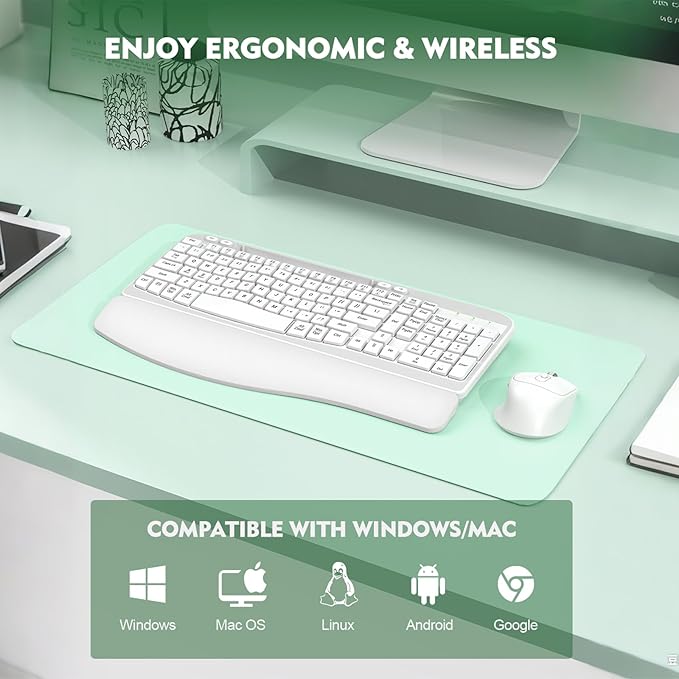 Wireless Keyboard and Mouse Combo, Wave Keys Full-Sized Ergonomic Keyboard with Cushioned Plam Rest, Phone Holder, Comfortable Natural Typing, 2.4G Cordless Set for Computer, Laptop, Pc, Mac, Windows
