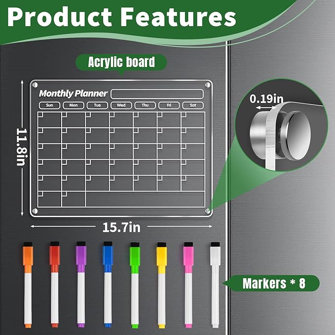 FINDMAG Acrylic Dry Erase Magnetic Calendar for Fridge, 16"x12" Magnetic Calendar for Refrigerator, Clear Monthly and Weekly Meal Planner Fridge Magnets, Chore Chart for Kids with 8 Colors Markers
