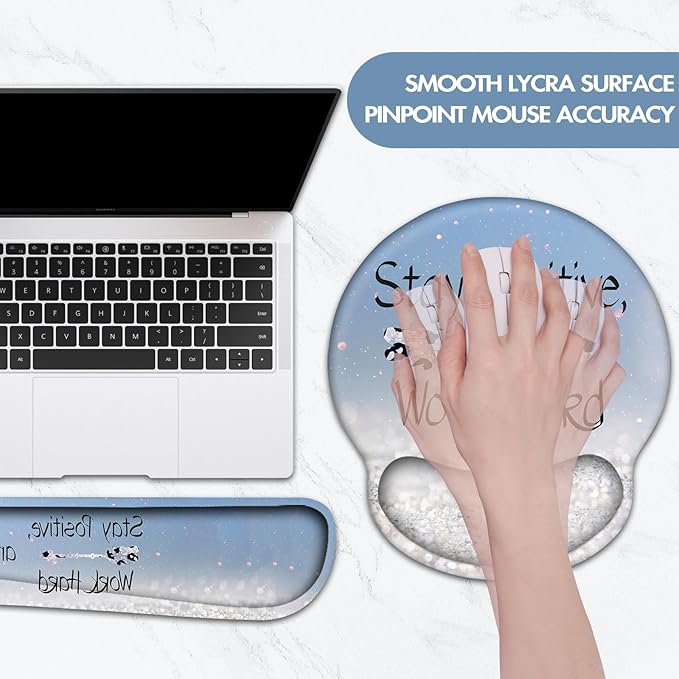 Keyboard Wrist Rest, Ergonomic Mouse Pad Wrist Support, Memory Foam Wrist Rest, Anti-Slip Base, Mousepad with Coaster for Computer Keyboard Office Home, Stay Positive Blue
