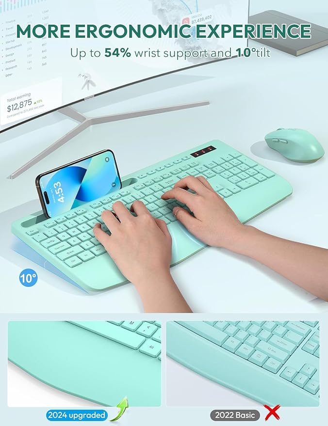 SABLUTE Wireless Keyboard and Mouse, Wrist Rest, Phone Holder, Batteries Included, 2.4G Lag-Free Ergonomic Keyboards Mouse Combo, KM23D Silent Keyboards Set for PC, Laptop, PC, Windows, Mint Green