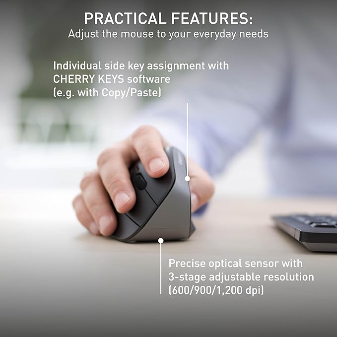 Cherry MW4500 Wireless Vertical Ergonomic Optical Mouse, up to 1200 DPI, 6 Buttons and Scroll Wheel for Laptop, PC, Desktop or Mac. Right Handed.