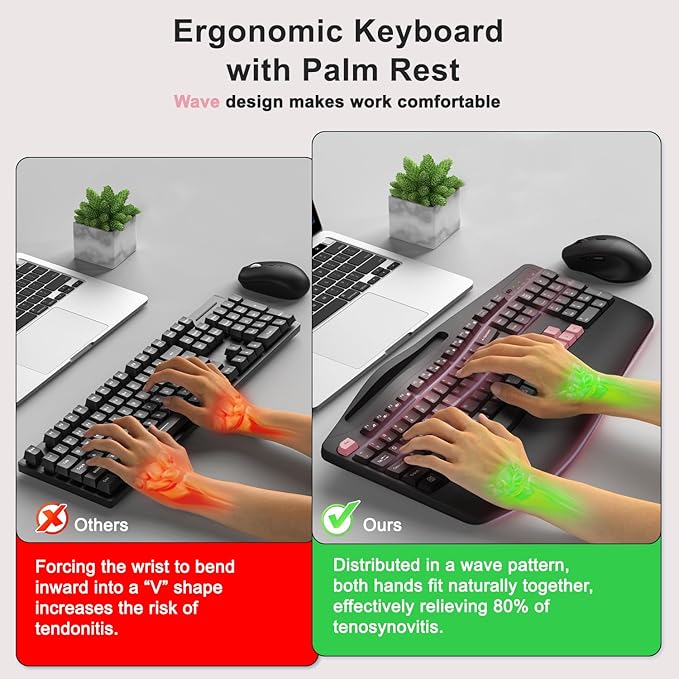 Wireless Keyboard and Mouse Combo, 2.4G Full Size Wave Keys Ergonomic Keyboard with Wrist Rest, Phone Holder, 3-Level DPI Wireless Silent Mouse with 6-Buttons, for Windows (Pink)