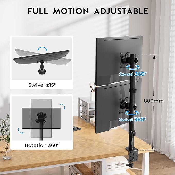 BONTEC Vertical Dual Monitor Desk Mount, Supports 13-34 Inch Screens, Full Motion Adjustability, VESA 75x75/100x100mm, Up to 22lbs per Arm, C Clamp and Grommet Mounting Options, Cable Management