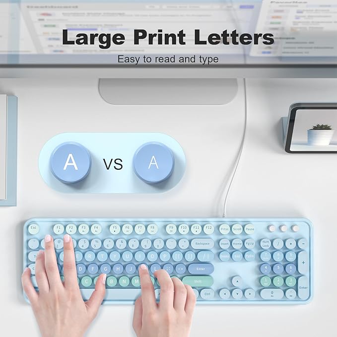 Large Print Keyboard Wired, Full Size Wired Retro Round Keyboard with Foldable Stands, Plug and Play for Laptop and Office PC- Blue Gradient