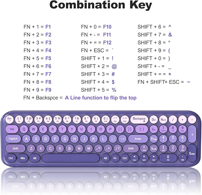 Wireless Keyboard and Mouse Combo, Portable Retro Keyboard with Compact Size, 2 in 1 USB Connected Mouse for Windows 7/8/10, Laptop, Desktop, PC, Computer (Purple)