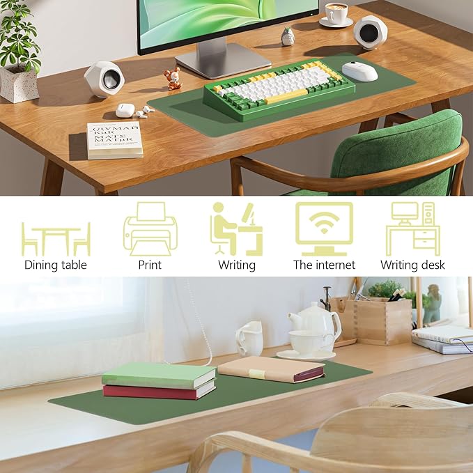 Olive Green Leather Desk Mat Large Mouse Pad, Waterproof Desk Pad for Keyboard and Mouse, Non-Slip Computer Desk Protector, Smooth Mouse Movement Desk Mat for Home and Office(23.6"×13.8")