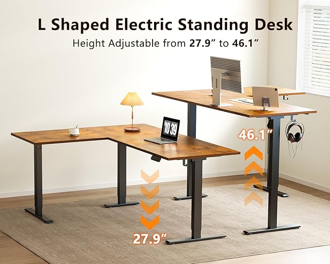 Casaottima 63 Inch Reversible L Shaped Electric Standing Desk, Ergonomic Height Adjustable Desk, Large Lift Corner Stand up Table for Workstation, Home Office, Reception Room, Rustic Brown