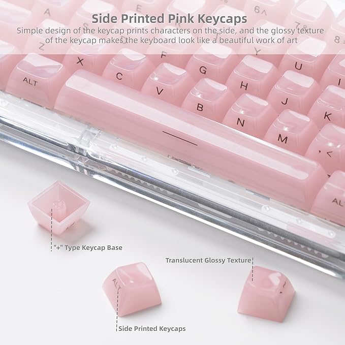 Womier Keycaps Jelly Pink - Ceramic Keycaps Style, Clear Keyboard Key Cap, Transparent Side Printed Custom 60 65 75 100 Percent for Cherry MX, Outemu, Gateron Mechanical Keyboards(MDA Profile)