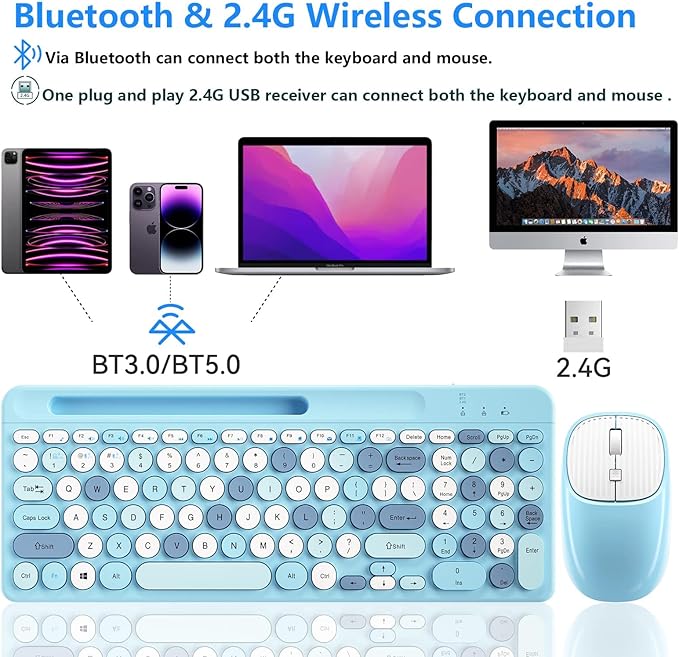 Bluetooth Keyboard and Mouse Wireless, Multi-Device Rechargeable Keyboard and Mouse Combo with Phone Holder (Bluetooth 5.0+3.0+2.4GHz) Quiet Ergonomic Compatible with Mac/Windows/iOS/Android