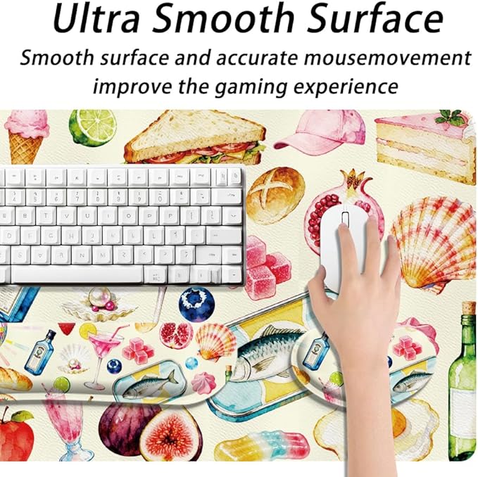 4 in 1 Large Keyboard Mouse Pad Set, Ergonomic Keyboard Wrist Rest Pad, Wrist Support Mousepad Set, Cup Coaster, Extended Desk Mat for Home Game Women Office Desk Decor Accessories(Food)