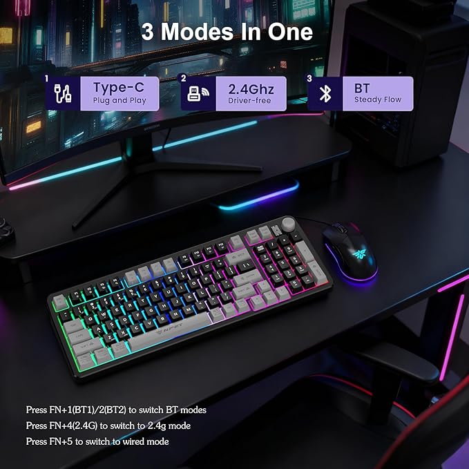 NPET Gaming Keyboard and Mouse Wireless with Tri-Mode, 98 Keys RGB Keyboard with Knob and Gaming Mouse, 12 Multimedia Keys for Wins, PC, Computer, Ideal for Gamer
