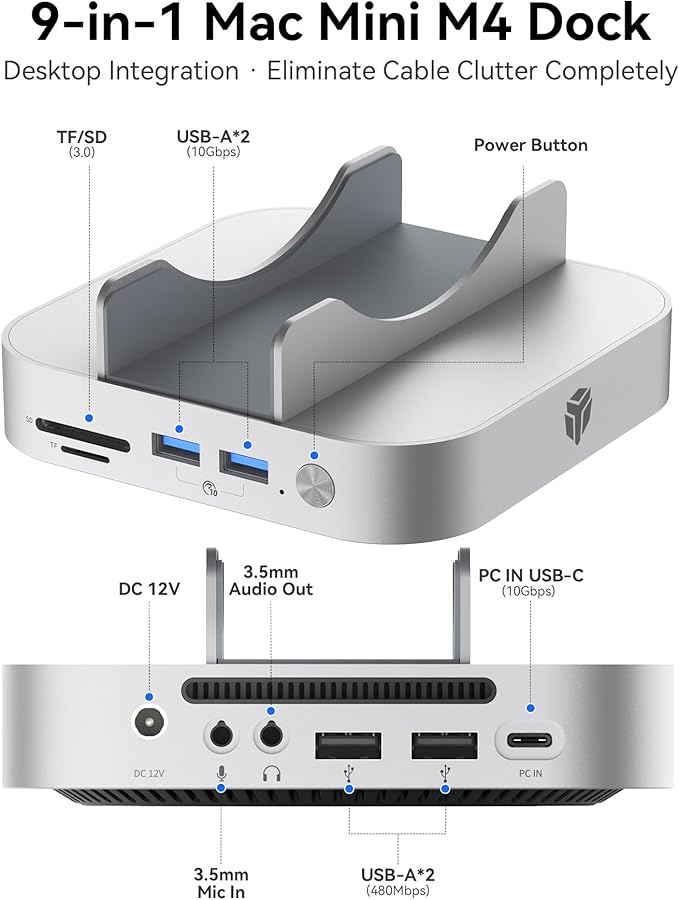 Yottamaster 9 in 1 Mac mini M4 Dock 10Gbps with 8TB NVMe SATA SSD Enclosure, Aluminum Mac mini M4 Stand and Hub, Built in Cool Fan, USB-A*2/USB-C 10Gbps, USB-A 2.0 * 2, 3.5mm Audio*2, TF/SD