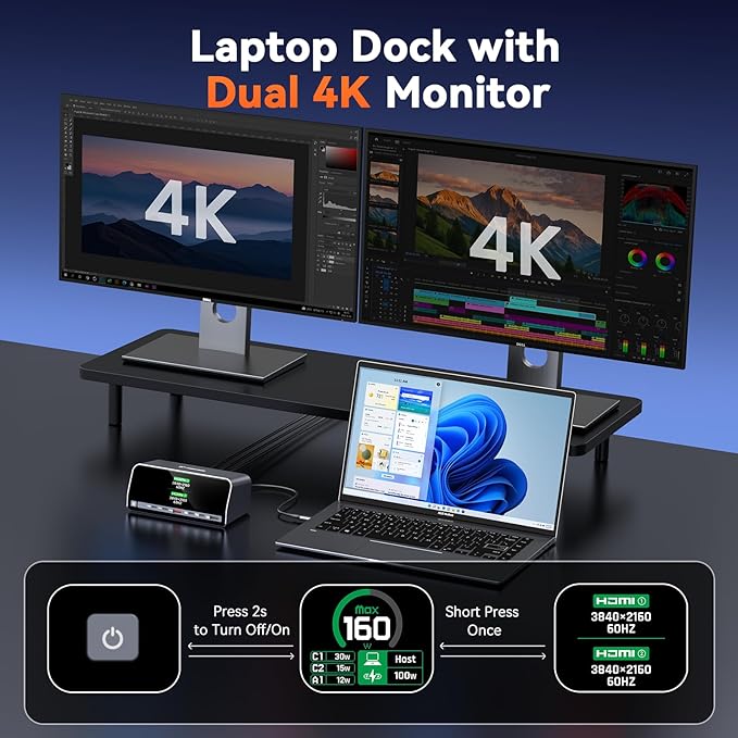 TobenONE Docking Station, 13-in-1 Laptop Docking Station Dual 4K Monitor with HDMI, 100W PD Ports, 10Gbps USB A/C, LCD Smart Display, Gigabit Ethernet, 160W Max Output for Dell, HP, Lenovo and More
