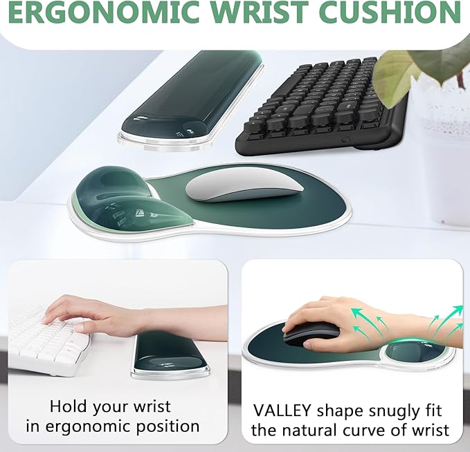 AKIT Ergonomic Mouse Pad with Wrist Rest& Keyboard Wrist Rest, Wrist Rest for Computer Keyboard, Pain Relief, Non-Slip Gel Base, Mousepad Wrist Support for Gaming, Office, Waterdrop Shaped Green