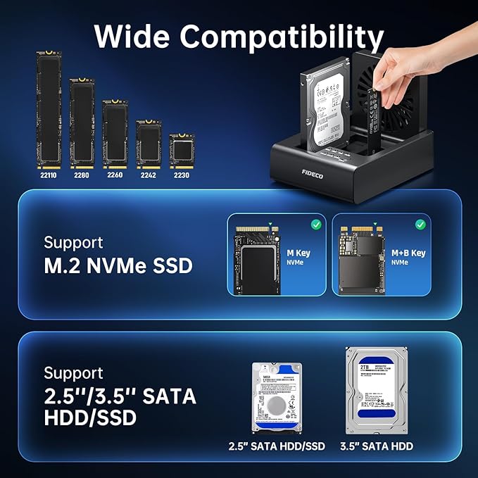 FIDECO Hard Drive Docking Station for M.2 NVMe SSD and 2.5"/3.5" SATA HDD with Bidirectional Offline Clone, M.2 NVMe to USB Adapter Cloner, SSD Reader with Foldable Cooling Fan