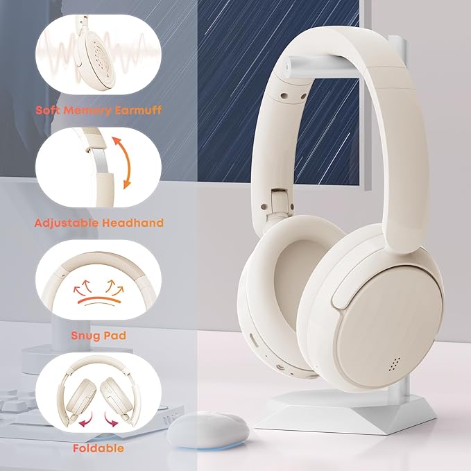 Bluetooth Headphones with Active Noise Cancelling (ANC), Wireless Over Ear Bluetooth Headsets with 35H Playtime, HiFi Stereo Foldable Headphones with Foam Ear Cups for Sports, Travel, Oil White