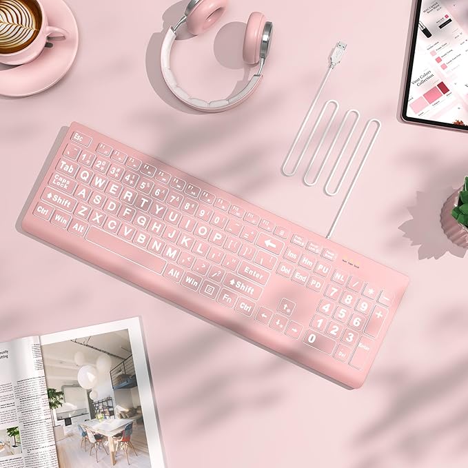 SABLUTE Large Print Backlit Keyboard, Wired USB Lighted Computer Keyboards with 7-Color & 4 Modes Backlit, Oversize Letters Keys Easy to See and Type, Quiet Keyboard Compatible for PC, Laptop -Pink