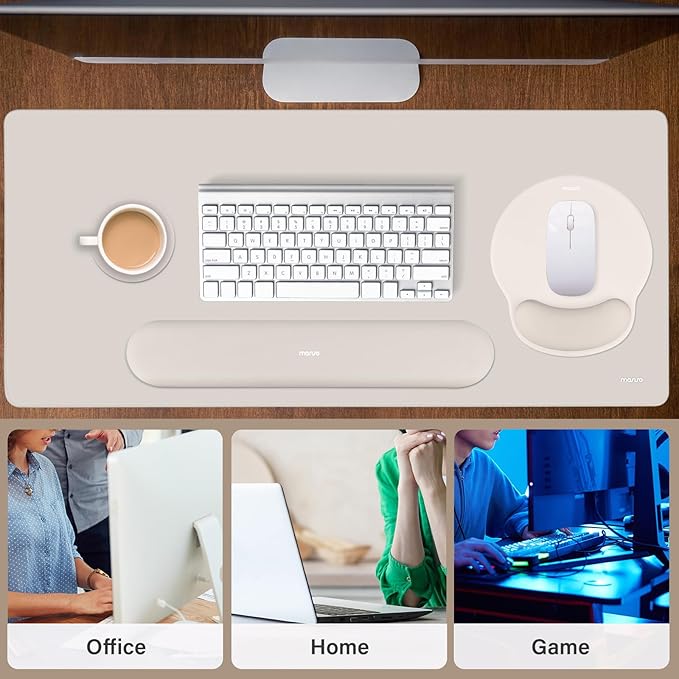 MOSISO Wrist Rest for Keyboard Mouse Pad Set, Large Gaming Deskpad&Circle Curved Mousepad&Keyboard Wrist Rest&Coaster, Ergonomic Non-Slip Mousepad&Easy Typing Pad with Silicone Lining, Stone Gray