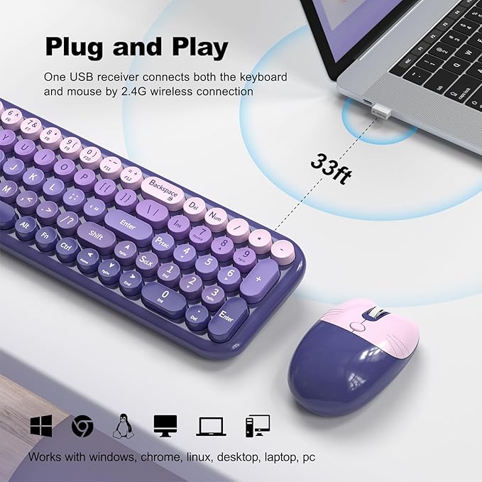 MOFII Wireless Keyboard and Mouse Combo, Compact Typewriter Retro Round Computer Keyboard and Mouse Set, Plug and Play, for Windows, Computer, Desktop, PC, Notebook - (Purple Gradient)