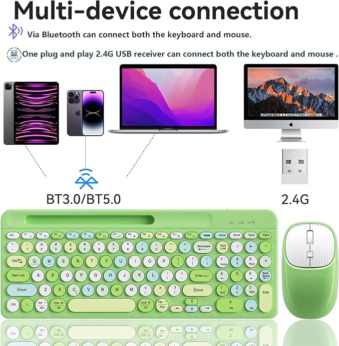 Bluetooth Keyboard and Mouse Wireless, Multi-Device Rechargeable Keyboard and Mouse Combo with Phone Holder (Bluetooth 5.0+3.0+2.4GHz) Quiet Ergonomic Compatible with Mac/Windows/iOS/Android (Green)