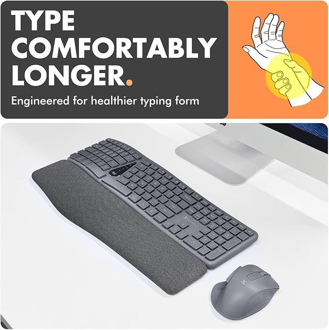 X9 Gray Ergonomic Keyboard and Mouse Wireless Combo - Split Keyboard and Mouse Set, Bluetooth/2.4G, Soft Wrist Rest, Rechargeable, Silent Keys, Multi-Device for Laptop, PC, Mac, iOS, Android