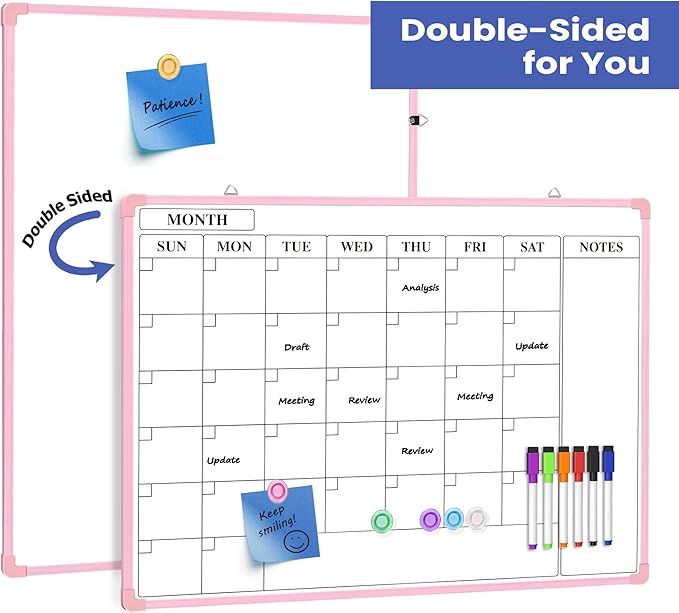 Monthly Whiteboard Calendar for Wall, 24" x 18" Dry Erase Board with Plastic Frame, Hanging Dry Erase Calendar with 3 Mini Sticky Notes for Kitchen Planner, Memo, Home and Office, Pink