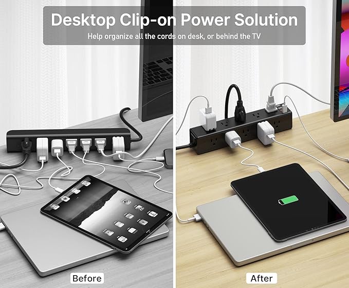CCCEI Standing Desk Clamp Power Strip with 15 Outlets, Black Desktop Edge Mount Surge Protector Outlet, Fast Charging USB-A and 45W USB-C Ports, 10 FT Flat Plug, Black Fit 1.6 inch Table top.