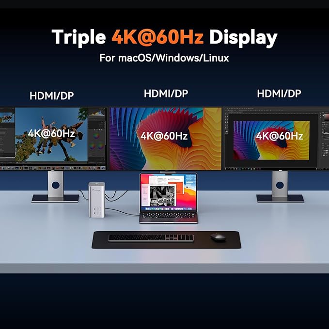 TobenONE 20-in-1 Docking Station 3 Monitors for MacBook, Triple 4K@60Hz Monitor Docking Station with 3 HDMI, 2 DP, 45W PD,150W Charger, 6 USB Ports, Driver-Based,for M1/M2/M3/M4/M5/Windows/Chrome OS