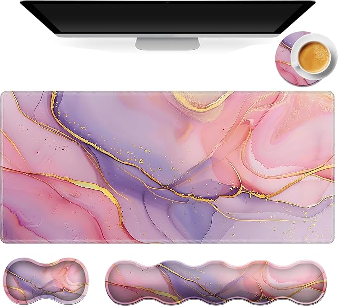 Gaming Mouse Pad Set, Pink Gold Marble Large Desk Mat Mousepad, Keyboard Wrist Support, Mouse Wrist Rest, Coaster 4in1 Ergonomic Memory Foam, Non-Slip Stitched Edge for Home Office