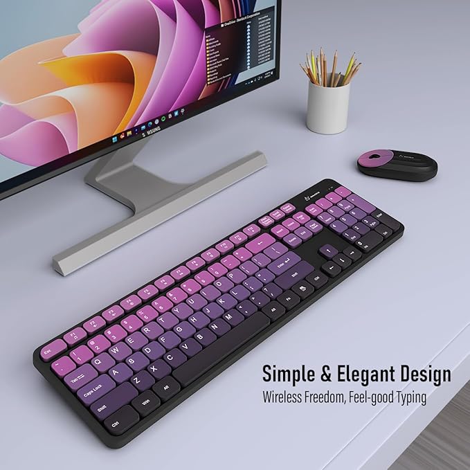 Wireless Keyboard and Mouse Combo - 2.4G Wireless, Rechargeable, Low-Noise, Cute Colorful, Full-Sized, 3 DPI Adjustable Mouse, for Computer, Laptop, PC, Desktop (Black Pink)