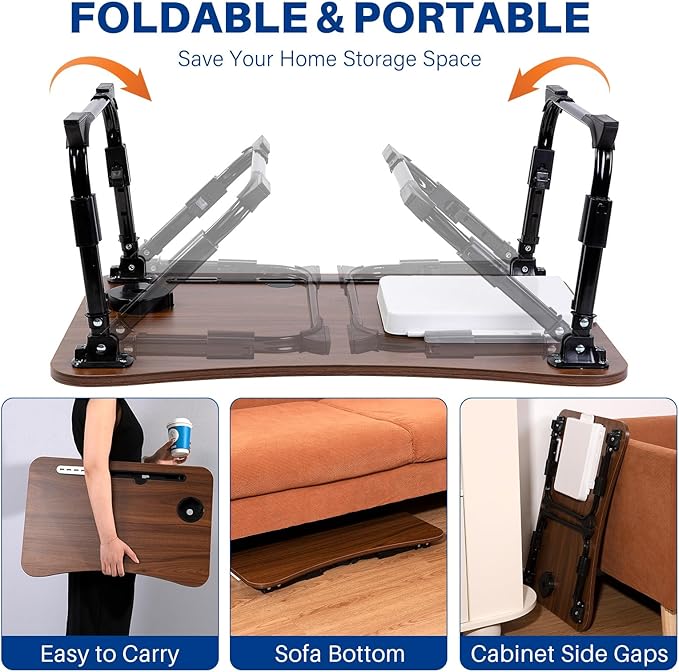 Laptop Desk for Bed, Height Adjustable Laptop Bed Table, Foldable Portable Lap Desk Stand with USB/Storage Drawer/Cup Holder/Slot, Breakfast Tray for Working Reading Writing Eating