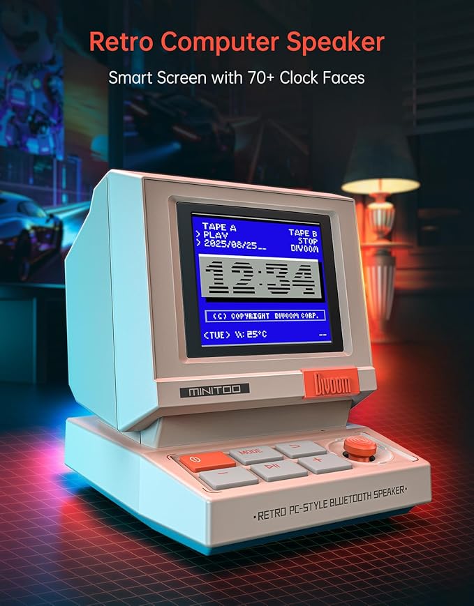 Divoom MiniToo Retro PC-Style Computer Speaker, Smart Pixel Screen with DIY Faces, Bluetooth & USB Audio, Alarm/White Noise Clock, Desk Setup Gift for Bedroom, Office & Gaming