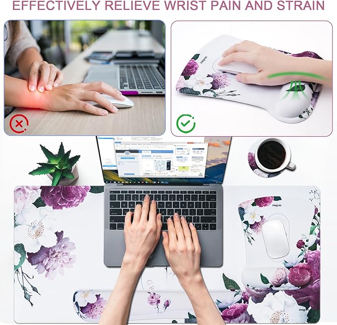 MEGREZ 4-in-1 Ergonomic Memory Foam Wrist Rest Set, Desk Pad, Mouse Pad with Wrist Rest, Keyboard Pad, Suitable for Office Workers, Programmers & Gamers–Relieve Typing & Gaming Fatigue, White