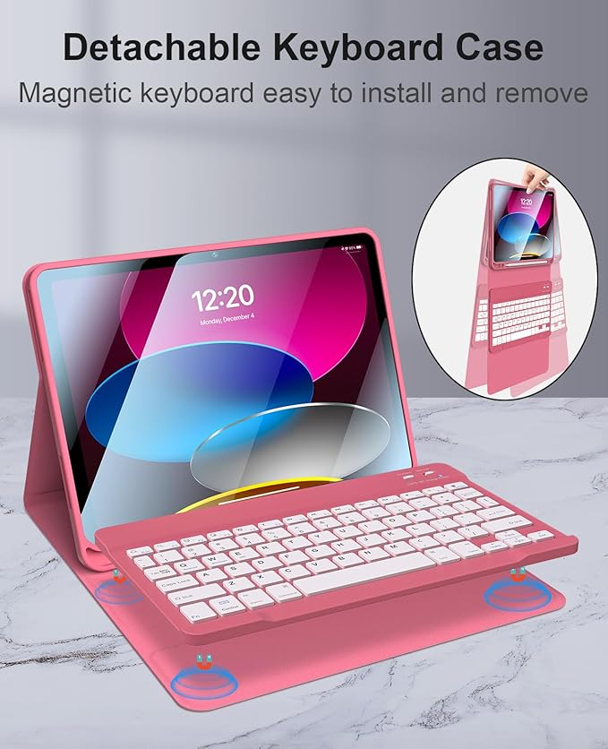 iPad 10th Generation Case with Keyboard for Apple 10th 2022 10.9" Keyboard Case with Pencil Holder, Rechargeable Detachable BT Keyboard for New iPad 11th(2025 A16) (HOT Pink)