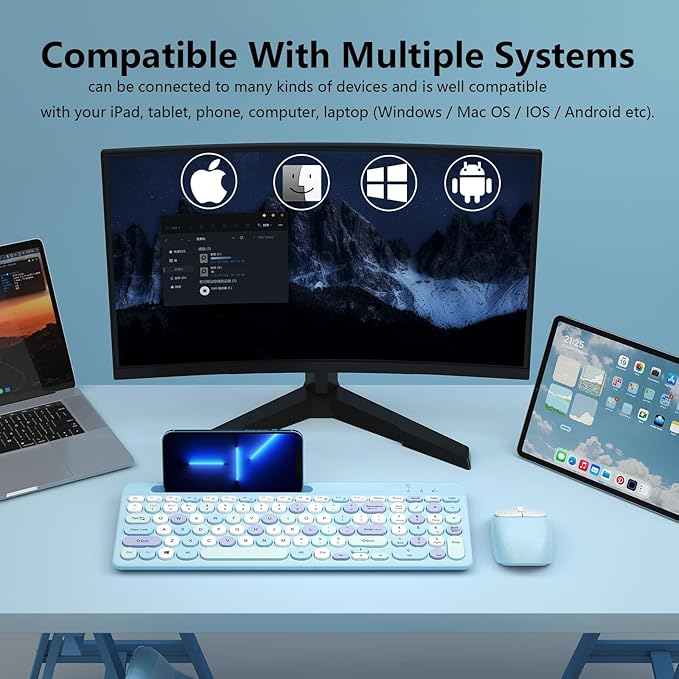 Bluetooth Keyboard and Mouse Wireless, Multi-Device Rechargeable Keyboard and Mouse Combo with Phone Holder (Bluetooth 5.0+3.0+2.4GHz) Quiet Ergonomic Compatible with Mac/Windows/iOS/Android