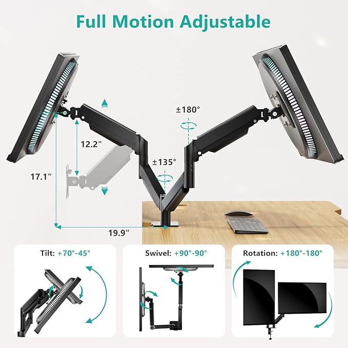 WALI Dual Monitor Mount for 17-32 inch Screens, Dual Monitor Arms for 2 Monitors Holds 19.8 lbs, Adjustable Gas Spring Dual Monitor Stand for Desk, VESA Mount 75x75/100x100mm (GSMP002), Black