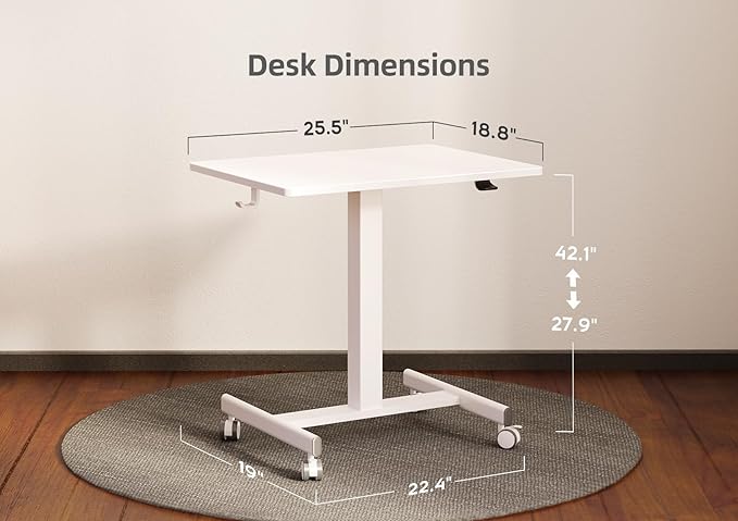 Claiks Mobile Standing Desk, Small Rolling Workstation with Wheels, Pneumatic Laptop Desk for Home Office with Hook, White