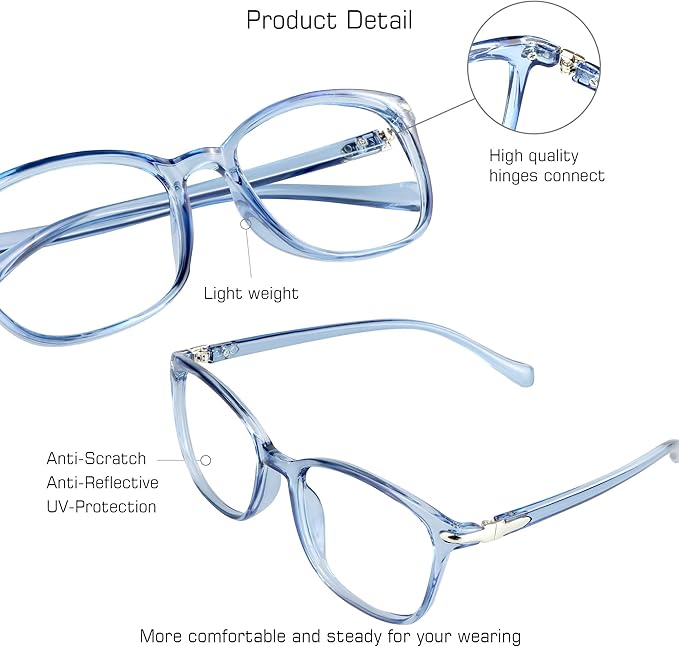 VisionGlobal Blue Light Blocking Glasses for Women Men, Stylish Square Frame(Clear Blue,No Magnification)