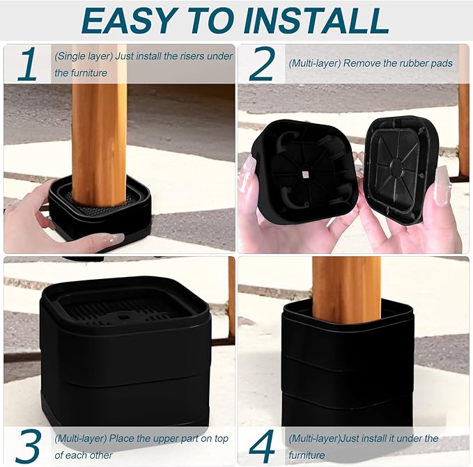 4 Pack Furniture Risers, Adjustable Bed Risers Heavy Duty Stackable Bed Raisers for Table Desk Couch Chair Sofa Cabinet Bed Legs Lift Height 1" (4, Black-2)